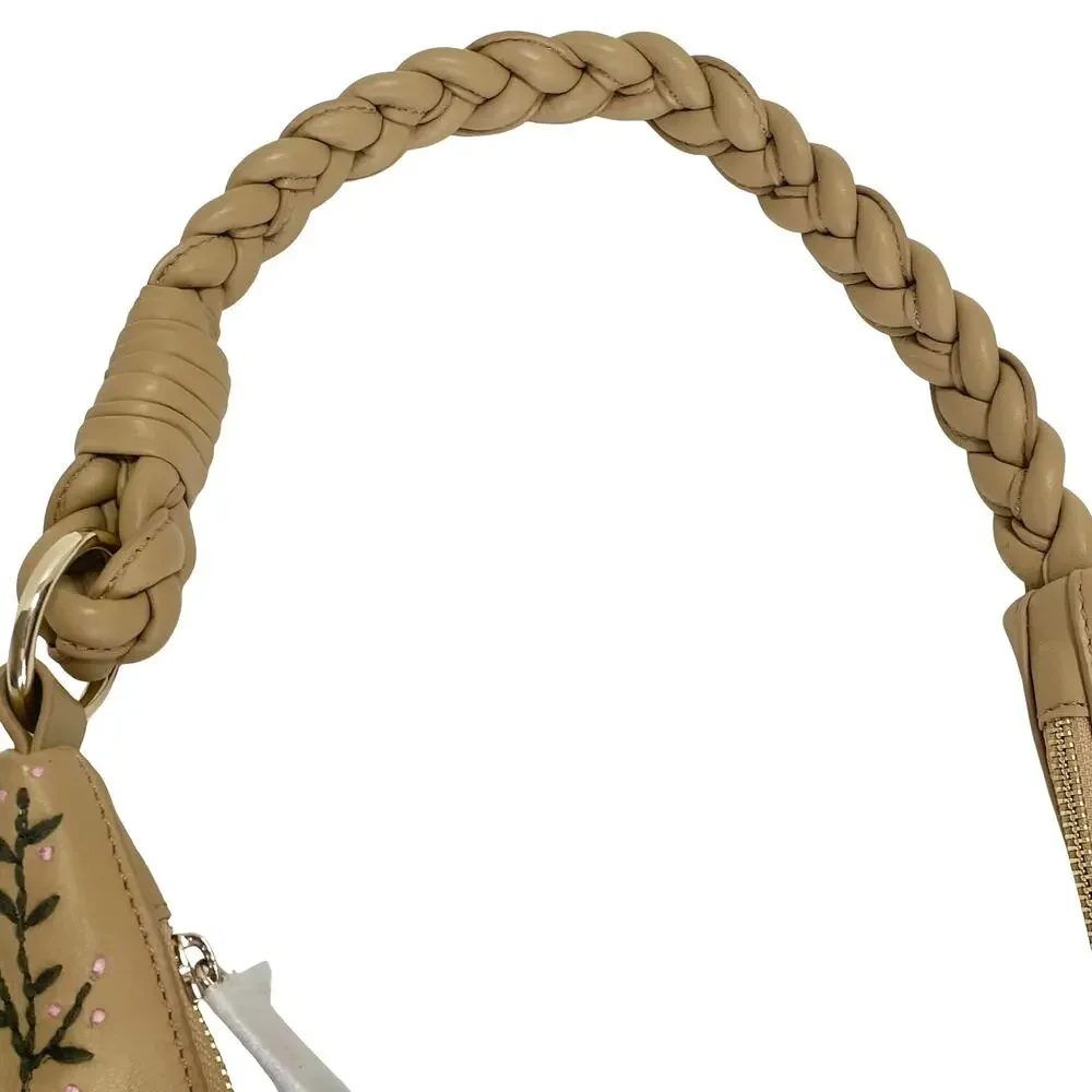 Coldwater Creek Wandering Thyme Leather Hobo Bag Tan Embroidery Braided Strap